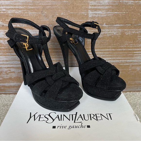 Yves Saint Laurent YSL Tribute 105 Sandals Quartz Nero Glitter Heels Womens 37.5 - Picture 1 of 14